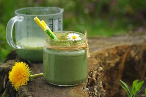 Wildkräuter-Smoothie mit Löwenzahn, Feldsalat und Gänseblümchen auf einem Baumstamm.