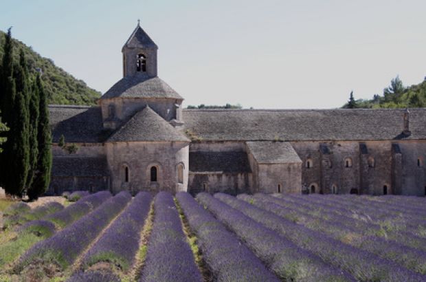 Ein Kloster steht zwischen Lavendelfeldern.