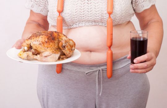 Ein dicker Bauch einer Frau ist zu sehen, um ihren Hals hängt eine Kette aus Würsten, in den Händen hält sie ein Brathähnchen und ein Glas Cola.