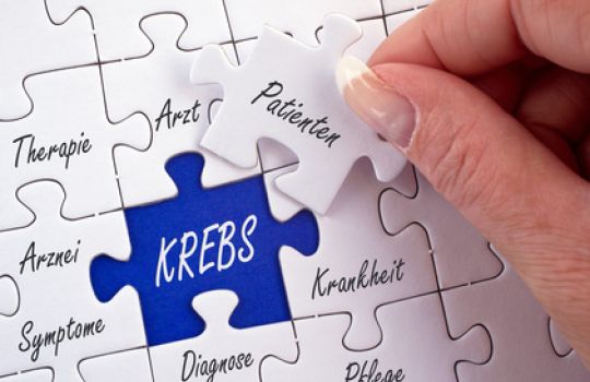 Ein Puzzle mit Worten auf den einzelnen Teilen ist zu sehen, auf das Wort Krebs wird das Wort Patient gelegt.