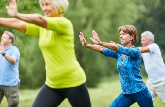 Rentner praktizieren Qigong im Park.